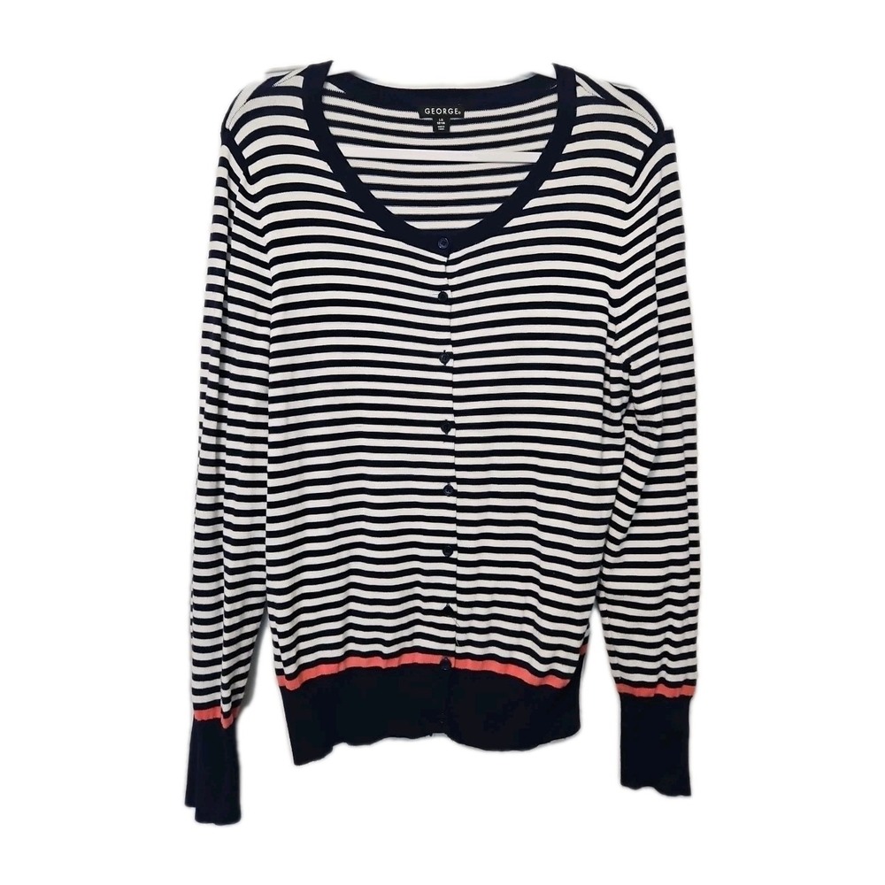 George‎ Crdigan Women's Large Nautical Striped Preppy Chic Button Up